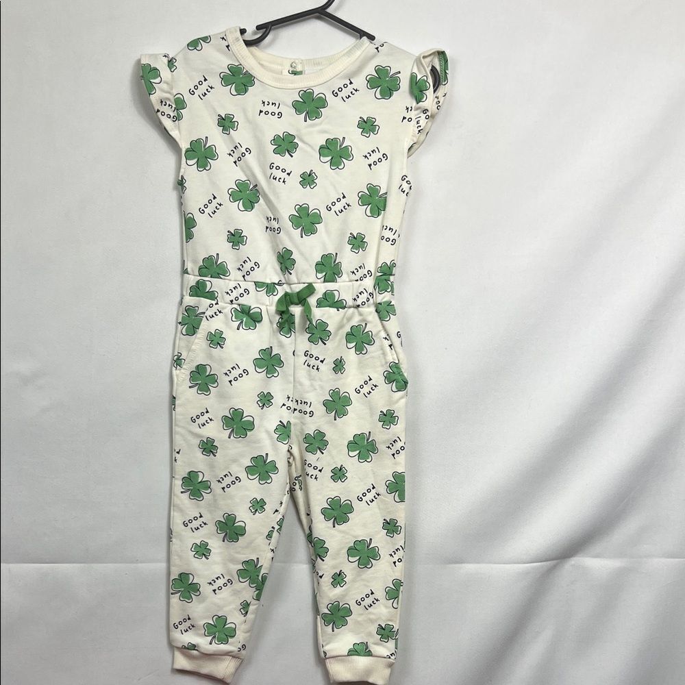 Wonder Nation French Terry clover Green and white good luck jumpsuit size 2T